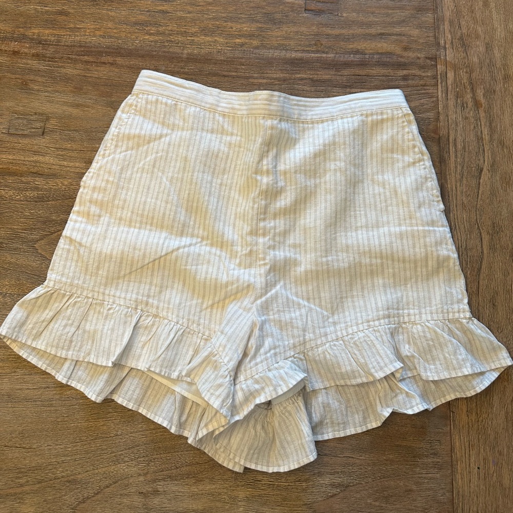 LOFT White Pinstripe Ruffle Hem Shorts